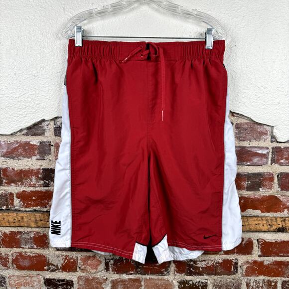Vintage Nike Swim Trunks Size Large Red White Mesh Lined Board Shorts Outdoors - Picture 1 of 7